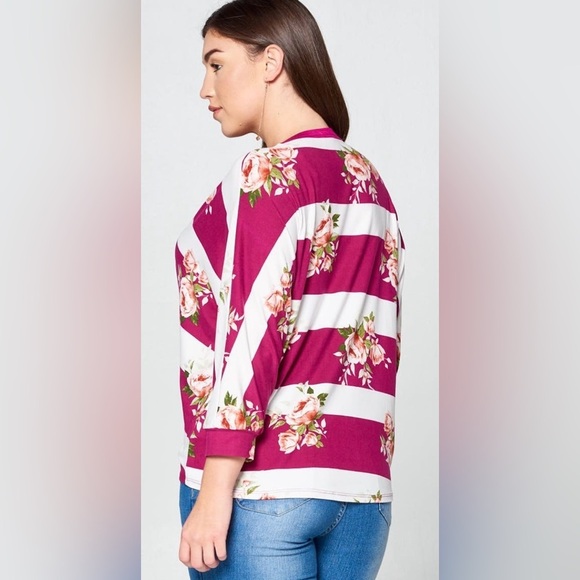 New!Plus Size Floral Striped V Neck Button Up Front Knot Detail Sizes 1X 2X 3X - Picture 3 of 4